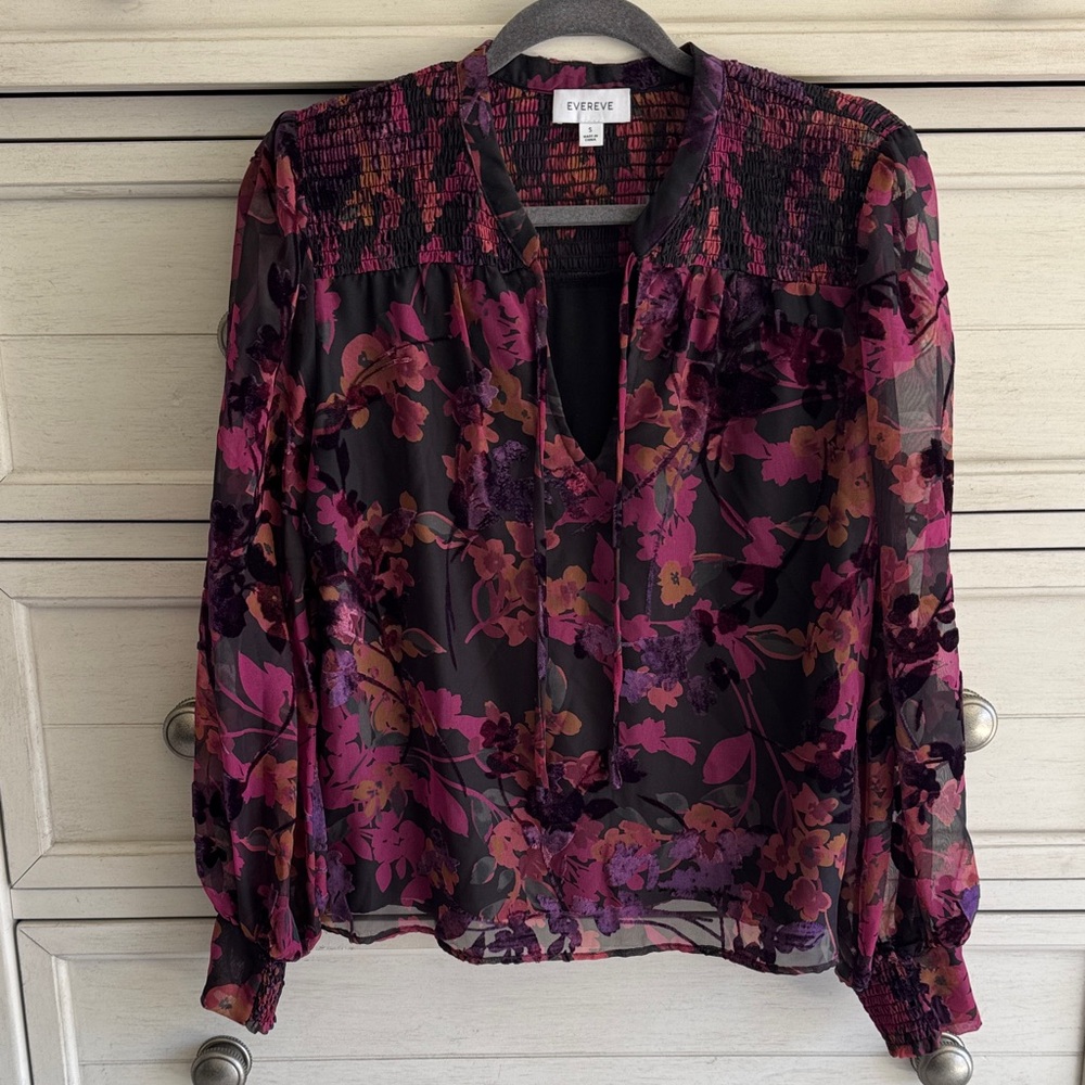 Evereve Black Sheer Floral Blouse with Pink & Plum Accents